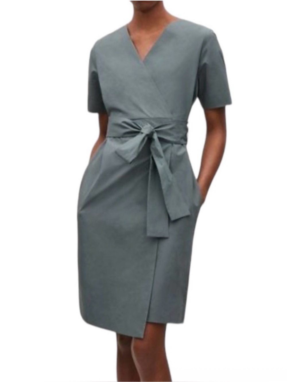 COS Wrap Dress Women’s 36/ 6 Stone Gray Poplin  Waist Tie Pockets V-neck Preppy
